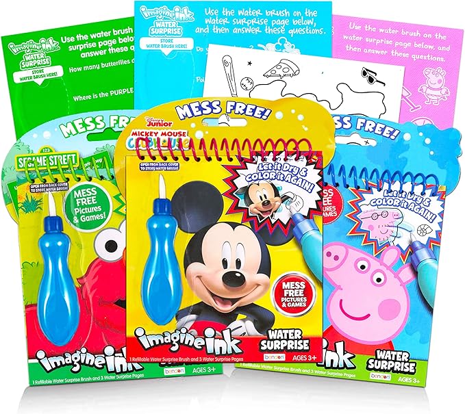 Imagine Ink Water Painting Books Set for Toddlers Kids Ages 3-5 ~ 3 Pack No Mess Paint with Water Books with Water Surprise Brushes, Mickey Mouse, Peppa Pig, Sesame Street Elmo Bundle