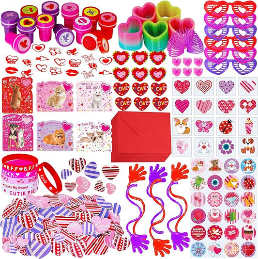 234 Pack Valentine's Day Party Favors Supplies Gift Exchage Cards Heart Glasses Bracelets Heart Stickers Stamper Sticky Hands Tattoo Bulk for Kids School Classroom Rewards Prizes Birthday Goodie Bags