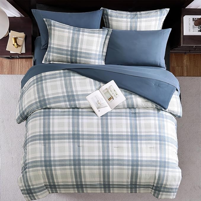 MaiRêve Plaid Queen Comforter Sets, Blue Grey Grid Farmhouse Bedding Set Bed in A Bag, Classic Checkered Comforter Sets with Fitted & Flat Sheet, Pillowcases & Shams(Blue Grey, 90"x90")