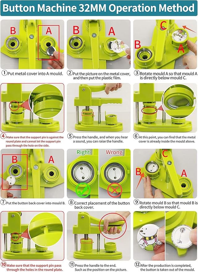 Button Maker Machine, (3rd Gen) Installation-Free 32mm(1.25 in) DIY Pin Button Maker Press Machine Kit, Badge Punch Press Machine with Free 500pcs Button Parts&Pictures&Circle Cutter
