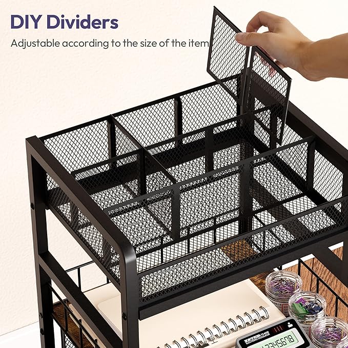 SWTYMIKI Rolling Cart with Drawers - Metal Utility Cart with Wood Shelf, DIY Divider and Locking Wheels, Craft & Art Cart Organizer for Under Desk Storage for Home Office Studio, Espresso