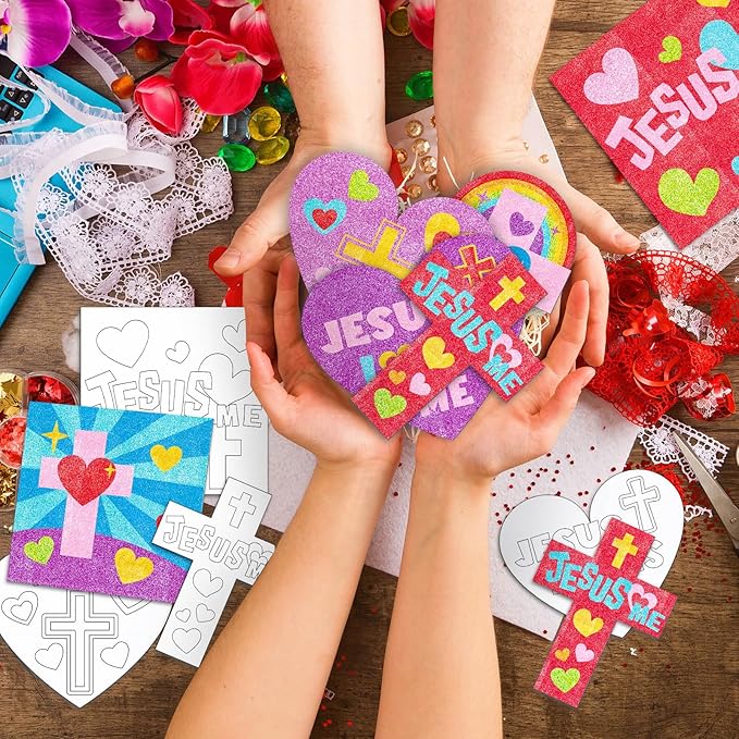 24 Sets Valentine's Day Religious Craft Kit Jesus Loves Me Sand Art Heart Crosses Painting Kit with Colored Sand Brushes Valentine Christian for Valentine Gift Sunday School DIY Activities