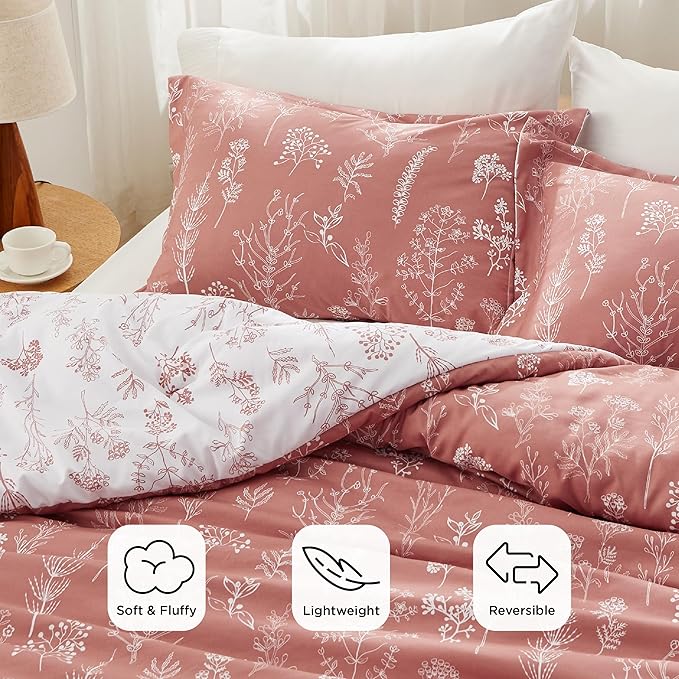 Bedsure Queen Comforter Set - Grayish Pink Bed Set, 3 Pieces Cute Floral Bedding, 1 Soft Reversible Botanical Flowers Comforter and 2 Pillow Shams