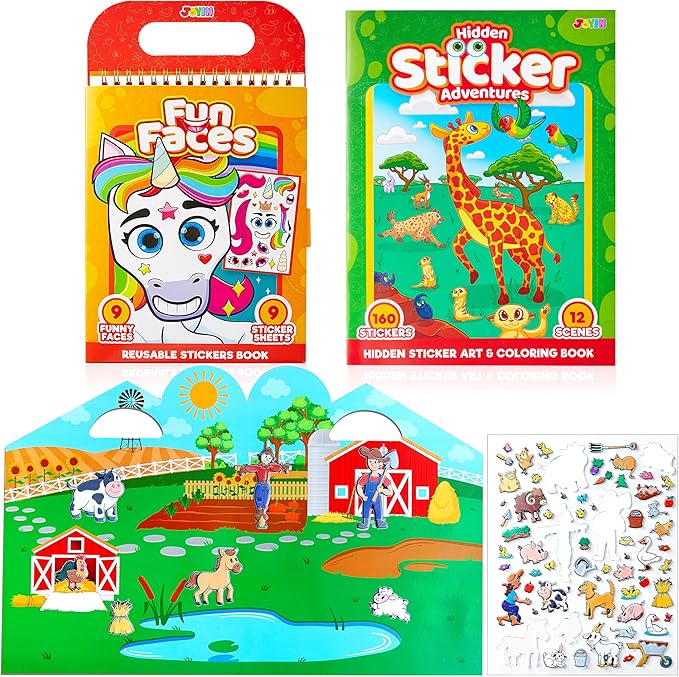 JOYIN 3 Pcs Activity Books for Kids, Make a Face Reusable Stickers, Hidden Pictures Books, Travel Toys for Boys Girls
