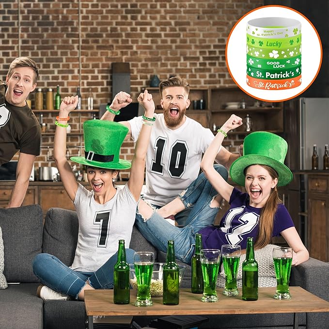 Lesnala 48 PCS St. patrick's day rubber wristband Shamrock Element Silicone Bracelet Theme Party Decoration for kids teens women men gifts holiday accessories Green