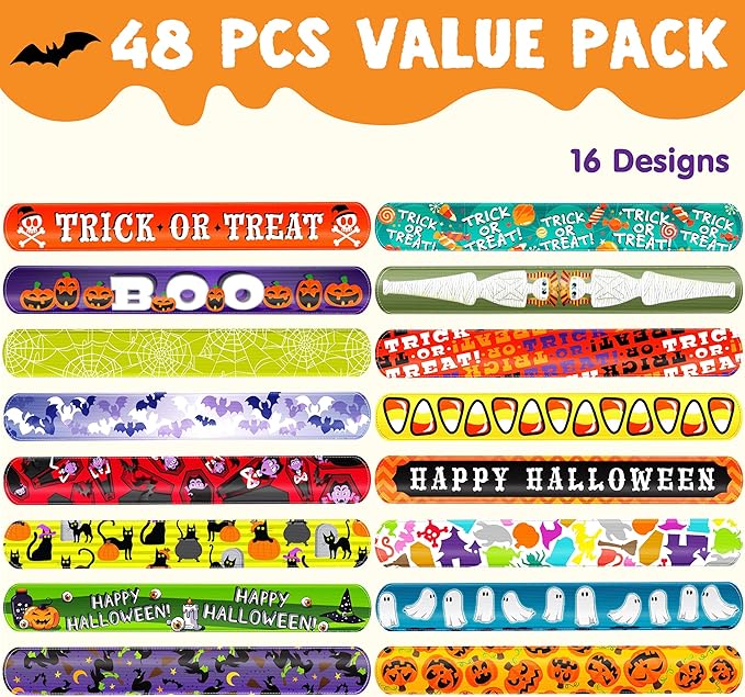 JOYIN 48 PCS Halloween Slap Bracelets for Kids Halloween Party Favors, Friendship Bracelets Bulk Girls Boys Gifts Trick or Treats Party Decorations, Snap Bracelet Classroom Exchange Prizes