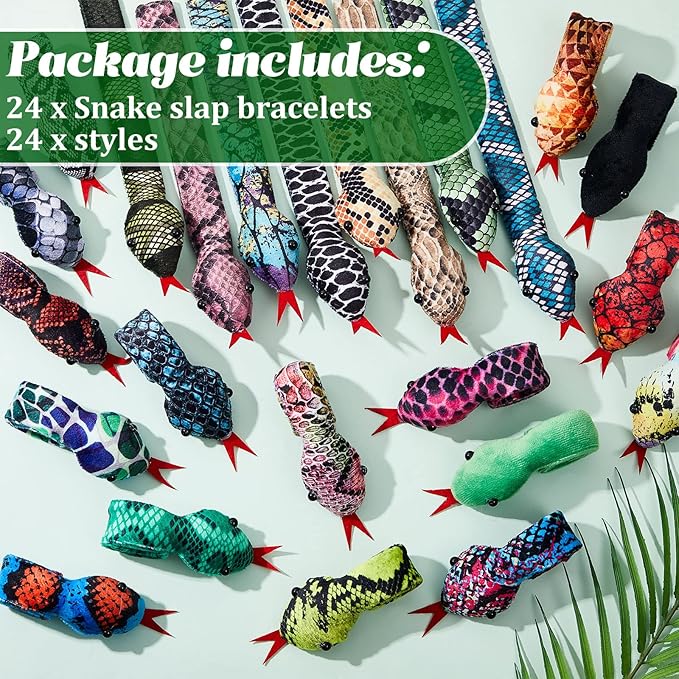 24 Pcs Snake Slap Bracelets Reptile Party Favor Snake Snap Bracelets Animal Snake Bracelet Reptile Birthday Party Supplies for Kids Parties Favors Christmas Gift, 24 Assorted Designs
