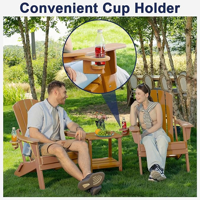 Plawdlik Folding Adirondack Chair, SGS Tested, Wooden Textured with Cup Holder, Heavy All-Weather HDPE Comfortable Set Poolside Backyard Lawn Teak Set 4