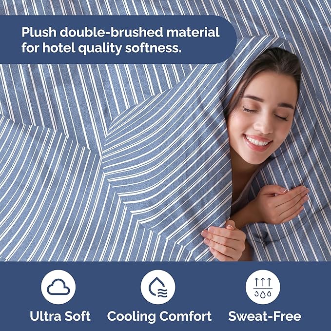 Duvet Cover Queen Size Set - Extra Soft Queen Size Duvet Cover 90 x 90 with 2 Pillow Shams - Hotel Luxury Easy Care & Fade Free w/Zipper Closures & Ties - Comfy Breathable Bedding Set (Blue Stripes)