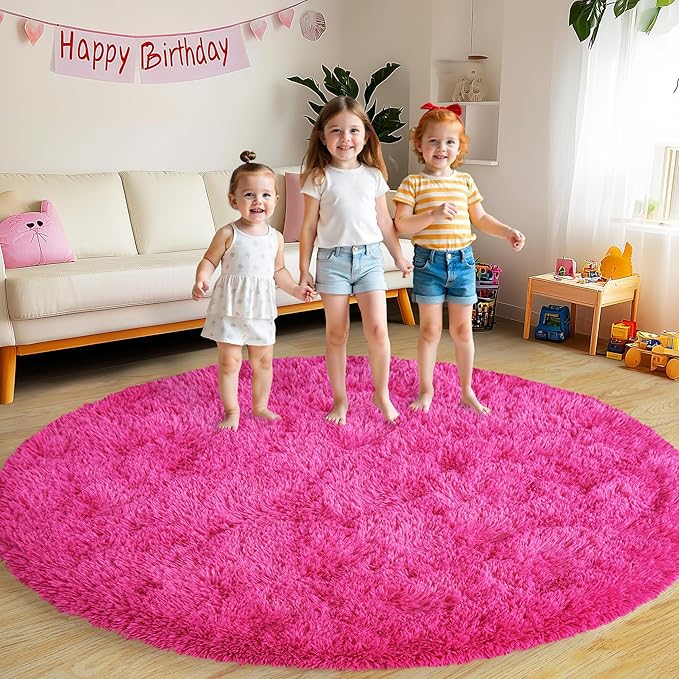Xexsin Round Fluffy Rugs 7Ft for Girls Bedroom, Hot Pink Shag Circle Kids Rug Non-Slip for Bedside Dorm Nursery Playroom, Soft Cute Area Rugs for Living Room Decor