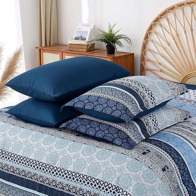 Boho Comforter Set Queen Size,8 Pieces Navy Blue Bohemian Striped Bed in a Bag,Paisley Soft Microfiber Bedding Comforter Set
