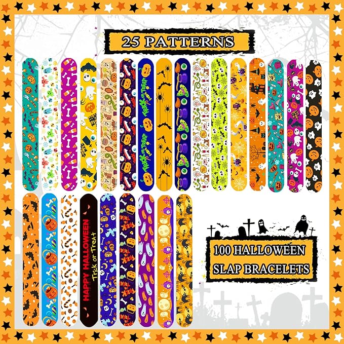 Halloween Slap Bracelets for Kids, 100 Halloween Bracelet Toys Bulk For Kids Girls Boys, Trick or Treat Party Favors, Classroom Prizes, Exchanging Gifts, Halloween Party Gift Treat Bag Filler Supply