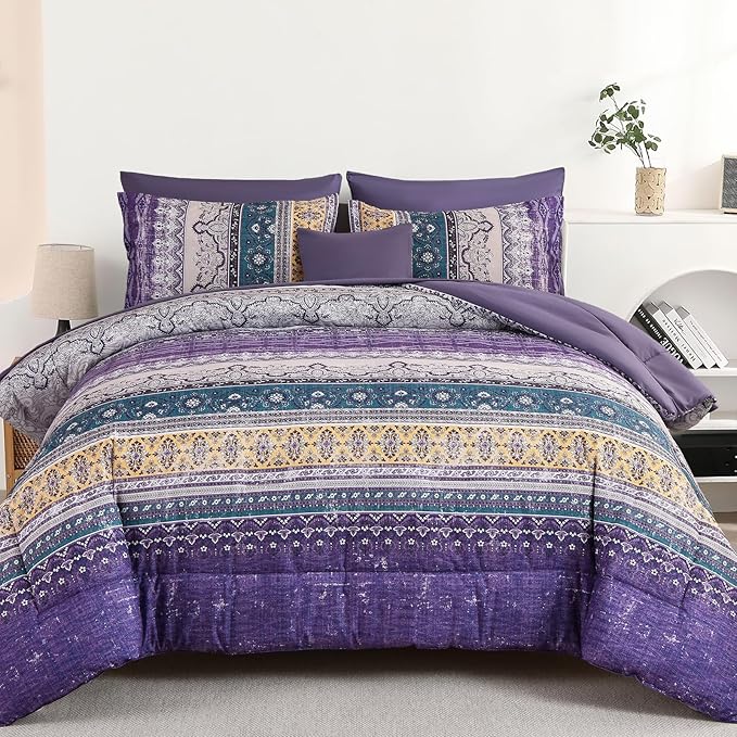 Cottolester Boho Queen Comforter Set 8 Pieces, Violet Bohemian Striped Bed in a Bag, Paisley Soft Microfiber Bedding Comforter Set