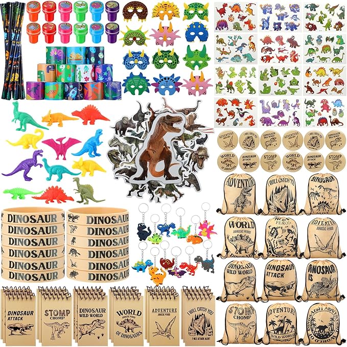 139 Pcs Dinosaur Party Favors Include Dinosaur Party Favors Bags Silicone Wristbands Dino Figure Masks Badges Notebooks Keychains Bracelets Pencils Tattoos Dinosaur Toys Stampers Dinosaur Stickers