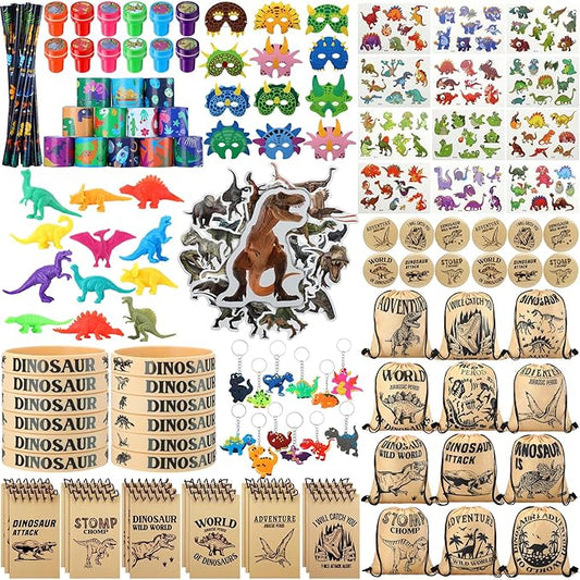 139 Pcs Dinosaur Party Favors Include Dinosaur Party Favors Bags Silicone Wristbands Dino Figure Masks Badges Notebooks Keychains Bracelets Pencils Tattoos Dinosaur Toys Stampers Dinosaur Stickers