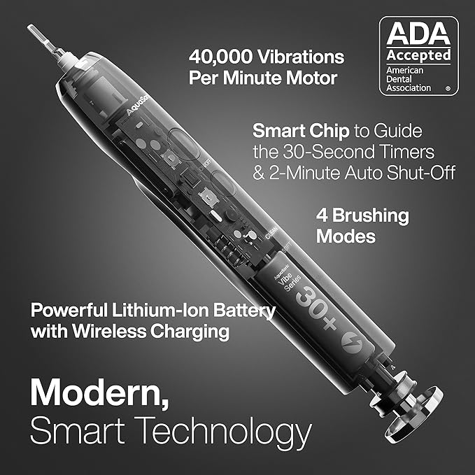 Aquasonic Vibe Series Ultra-Whitening Toothbrush – ADA Accepted Electric Toothbrush - 8 Brush Heads & Travel Case – 40,000 VPM Motor & Wireless Charging - 4 Modes w Smart Timer – Charcoal Metallic