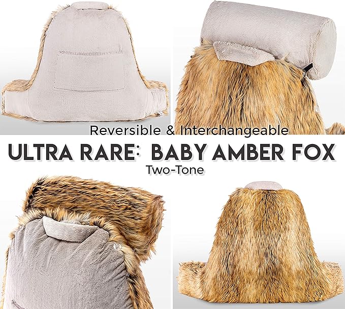 Husband Pillow XXL Ultra Rare Baby Amber Fox Fabulous Faux Fur Backrest, Two-Tone Reversible Double Sided Reading & Bed Rest Pillow with Arms & Neck Roll, Adjustable Memory Foam - Extremely Comfy