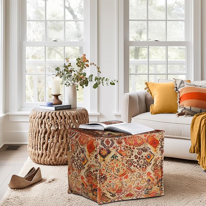 COTTON CRAFT Printed Pouf - Ottoman Foot Stool Bean Bag - Dorm Kids Room Bedroom Home Décor Accent Seating - Boho Modern Comfortable Prefilled Cotton Square Pouf Footrest - 17x17x17 inch - Coral Multi