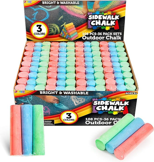 JOYIN 108 PCS Sidewalk Chalk Set in 36 Count, 3 Assorted Colors, Non-Toxic Jumbo Washable Driveway Chalk for Outdoor Art Play, Great Gift Toys for Kids, Classroom