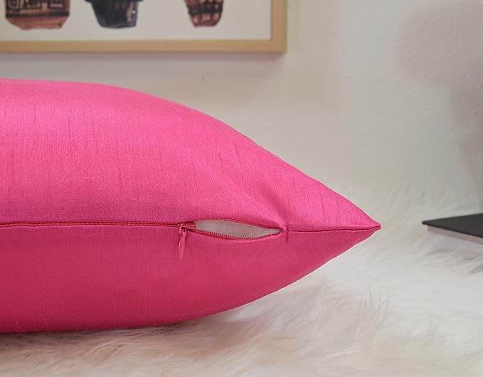 Aiking Home 12x18 Inches Faux Silk Rectangular Throw Pillow Cover, Zipper Closure, Hot Pink (Set of 2)