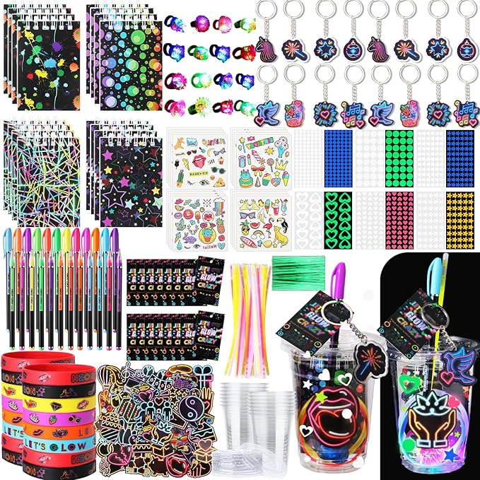 191 Pcs Glow in the Dark Party Supplies for Kids Adults Include Pet Cup Glow Stick Ring Notebook Highlighter Bracelet Sticker Keychain for DIY Birthday Neon Disco Party Decorations