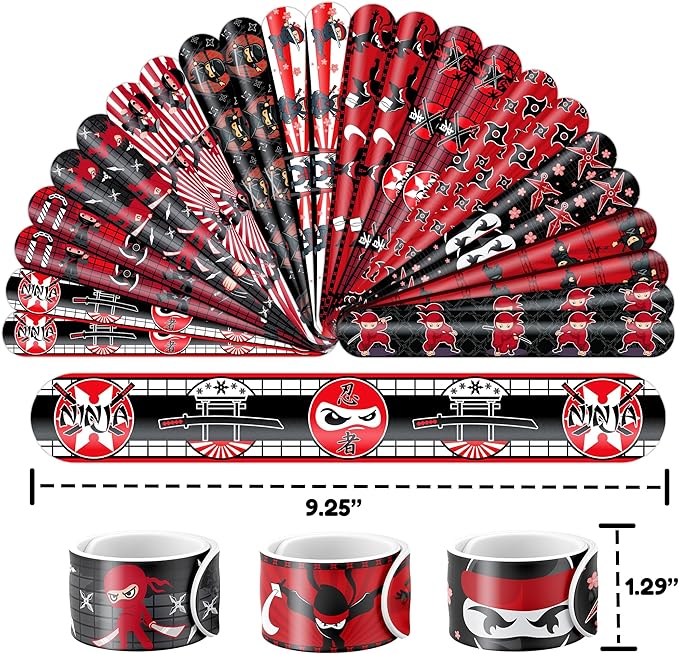 48PCS Ninja Party Favors - 24PCS Tattoos & 24PCS Slap Bracelets - Ninja Birthday Party Supplies, Samurai Baby Shower Decorations, Gifts, Classroom Prizes for Boys & Girls