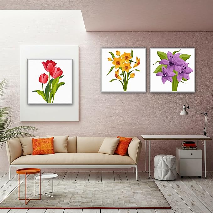 Hiolife 3 Pack Paint by Number Kits for Kids, 8X 8 inch Framed,Colorful Flowers Oil Painting Kits for Girls and Boys, Painting Sets for Childrens,Home Wall Decor