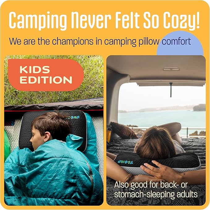 TCOMF Kids Camping Pillow: Dual-Cover Memory Foam Small Pillow; Medium-Firm Camp Pillow | Mini Pillow w/ 5 Layers for Comfort and Support; Small Travel Pillow/Compact Pillow 10x16 Inches (Black)