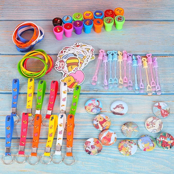 124PCS Bear Baby Shower Party Favor Supplies, Themed Birthday Decorations Including 12 Bracelets, 12 Keychains, 12 Button Pins, 50 Stickers, 14 Stampers, 12 Bubble Wands and Stickers, Yellow