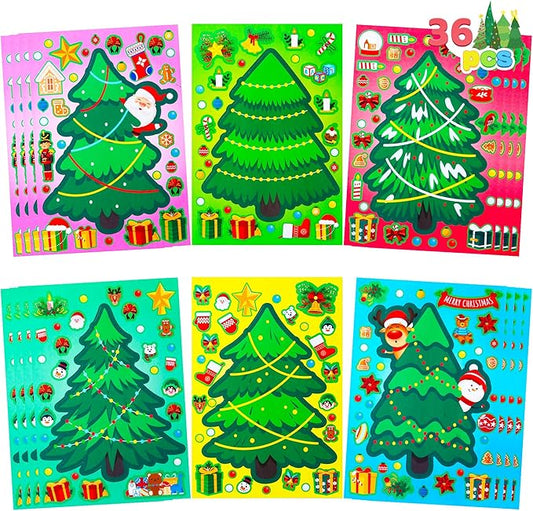 JOYIN 36 Pcs Christmas Tree Stickers Make Your Own Xmas Stocking Stuffers, Holiday Presents, Green Stickers for Kids Party Favor, Art Craft Supplies, Classroom Activities Game