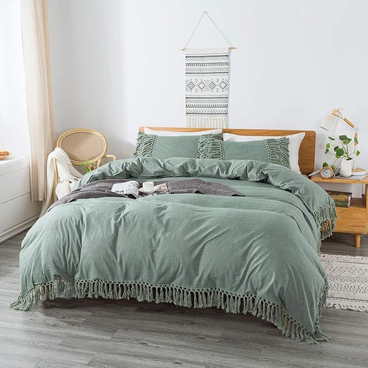 Helthep Vintage 100% Washed Cotton Tassel King Size Bedding Set Dark Sage Green 3Pcs Duvet Cover Set Fringed Boho Hidden Zipper Closure Soft Breathable Green Comforter Cover w Tassels