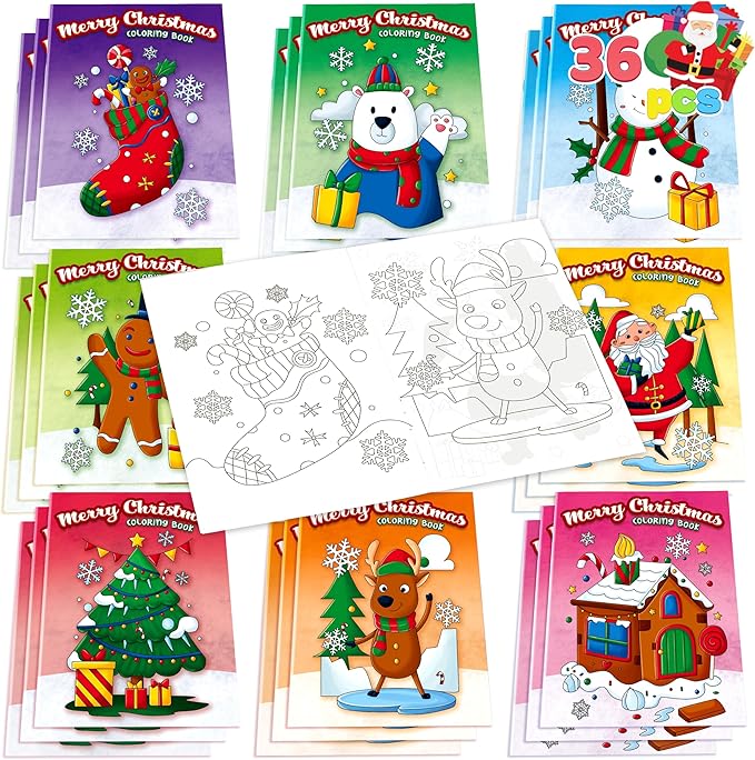 JOYIN 36 Pcs Christmas Coloring Books Bulk for Kids, Mini Coloring Booklets in 9 Covers with 10 Characters for Christmas Party Favor Supplies, Stockings Gifts Goodie Bags Stuffer Filler