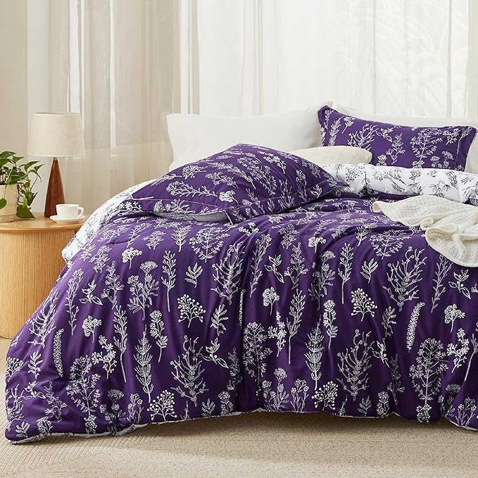 Bedsure Full Comforter Set - Dark Purple Bed Set, 3 Pieces Cute Floral Bedding, 1 Soft Reversible Botanical Flowers Comforter and 2 Pillow Shams