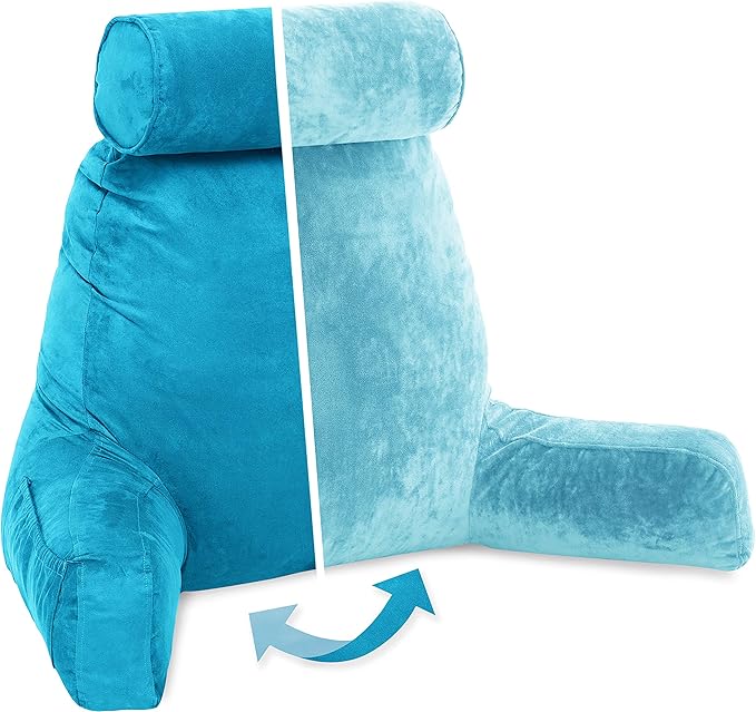 Husband Pillow XXL Reading & Bed Rest Pillows - Premium Memory Foam Backrest Pillow with Arms & Neck Roll - Aspen Edition Rodeo Blue - Reversible 2 Sided Cover with Plush Microfiber and Suede