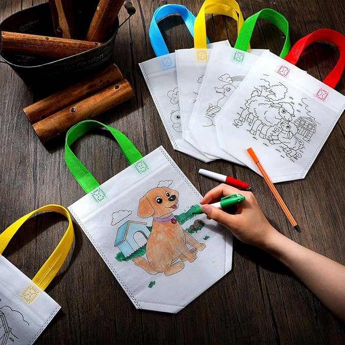 Kacctyen 45 Pcs Color Your Own Goodie Bags Reusable Farm Animals Art Party Favor Paint Bags for Farmhouse Theme Barnyard Birthday Graffiti Goodie Bags, 9 Styles