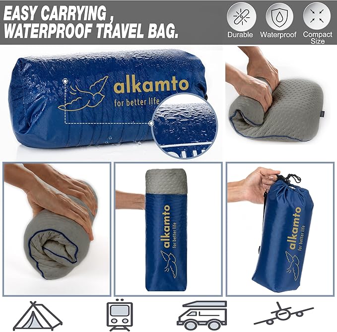 alkamto Travel & Camping Comfortable Memory Foam Pillow – Easy to Carry Portable Bag – Temperature Regulating Pillow Case (Grey)