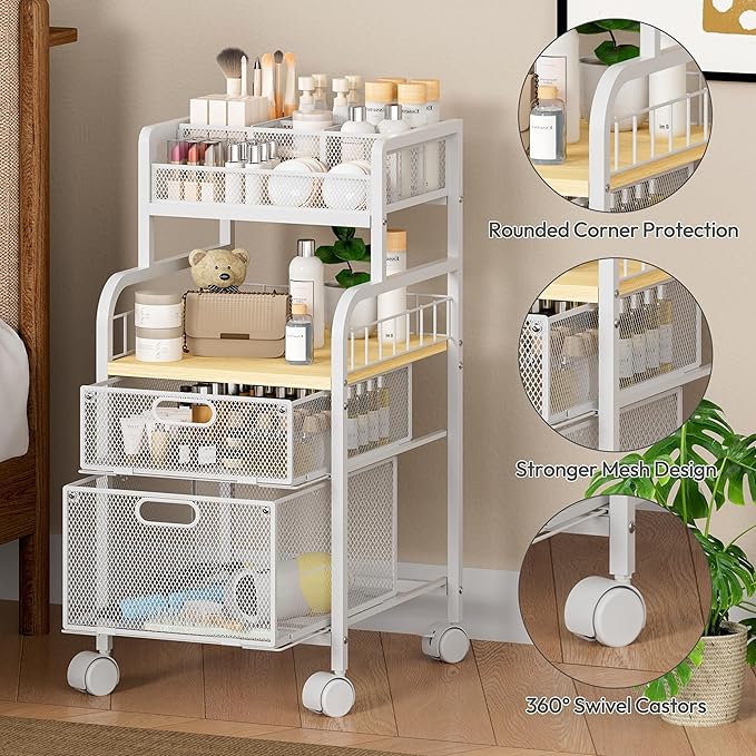 SWTYMIKI Rolling Cart with Drawers - Metal Utility Cart with Wood Shelf, DIY Divider and Locking Wheels, Craft & Art Cart Organizer for Under Desk Storage for Home Office Studio, White