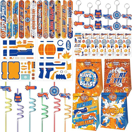 Erweicet Dart Battle Party Favors 72 PCS Gun Slap Bracelets DIY Stickers Temporary Tattoos Keychains Plastic Straws Gift Bags for Kids Boys Birthday Baby Shower Goodie Bag Fillers, Blue,Orange,White