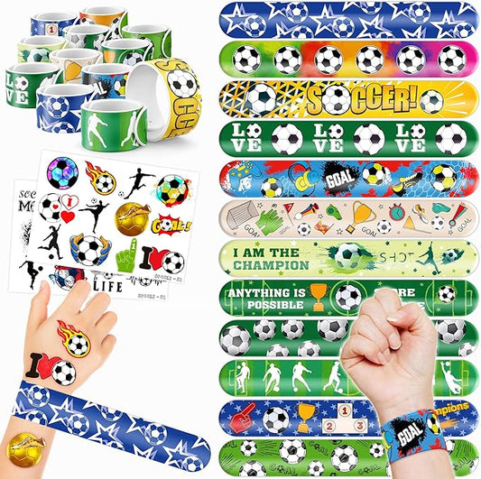 48PCS Soccer Party Favors - 24PCS Tattoos & 24PCS Slap Bracelets - Football-Themed Birthday Supplies, World Cup Decorations, Classroom Prizes, Gifts for Boys & Girls