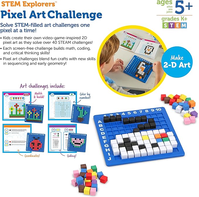 Learning Resources STEM Explorers Pixel Art Challenge, 402 Pieces, Ages 5+, STEM Toys for Kids, Coding Basics for Kids, STEM Activities for Classroom