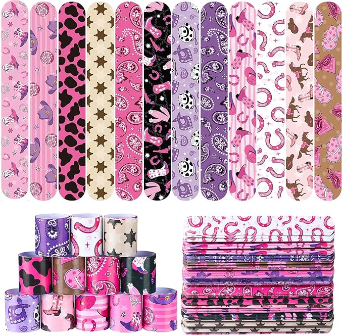 Junkin 48 Pcs Horse Party Favors Kids Western Party Slap Bracelets Disco Pink Cowgirl Cowboy Gifts Wristbands for Western Theme Birthday Party Supplies Stuffers Last Rodeo Bachelorette Prizes