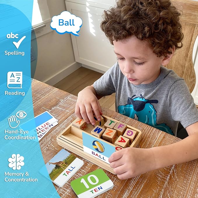 BenBen Spelling Games with Flash Cards, Montessori Toys for 3 4 5 6 Years Old Kids, Wooden Matching Letters Toys, CVC Word Educational Learning Toys, Gift for Preschool Kindergarten
