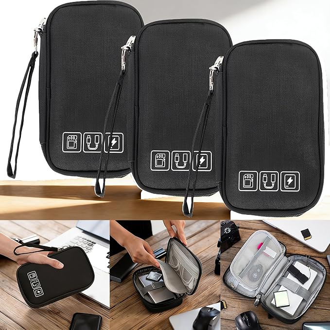 3Pcs Electronic Organizer Travel Case,Waterproof Cord Organizer Travel Cable Organizer Bag Portable Small Travel Tech Storage Pouch for Cord Charger Phone Earphone SD Card Cables Power Bank Card,Black