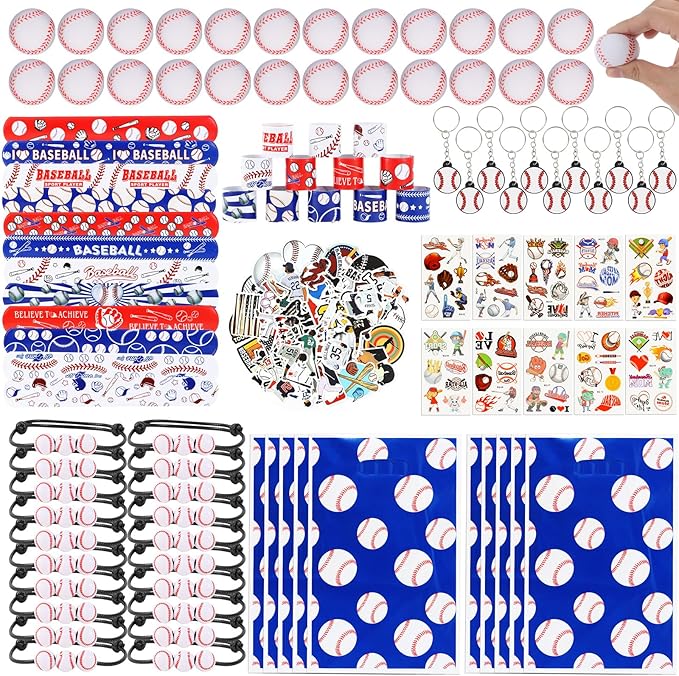 295 Pieces Baseball Party Favors Supplies Set Bulk Mini Baseballs Slap Bracelet Tattoo Sticker Keychain Adjustable Bracelet Goodie Bag Fillers for Sports Baseball Party Gifts Bags (Baseball)