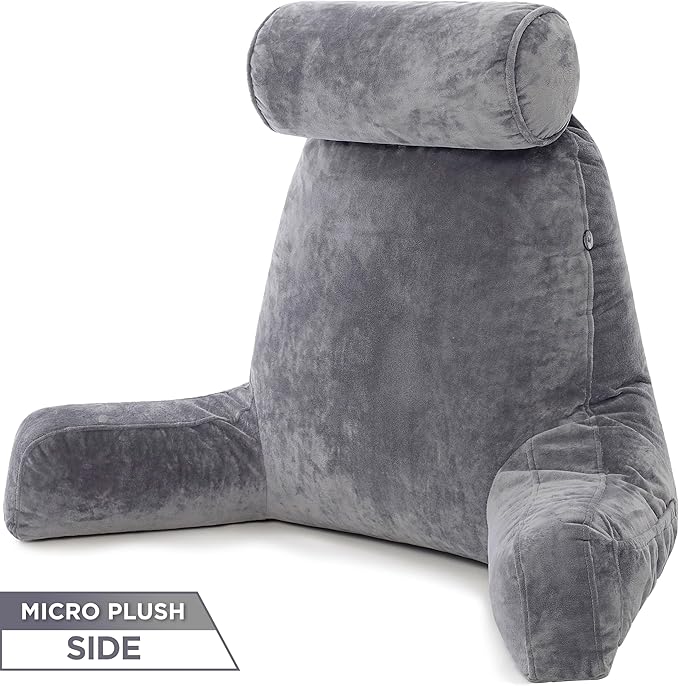Husband Pillow XXL Aspen Edition, Adult Reading Sit Up Bed Rest Pillow for Bed with Arms & Neck Roll on Bungee Cord - Premium Memory Foam - Reversible 2 Sided Cover Micro Suede or Plush, Iron Grey
