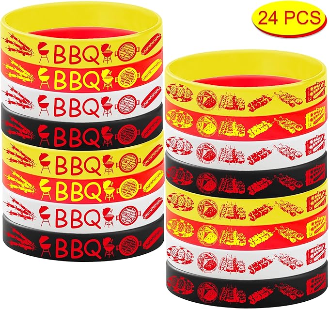 24PCS BBQ Rubber Bracelets Party Favors -Barbeque Themed Silicone Wristbands Party Supplies Decorations Hot Dog Birthday Baby Shower Party