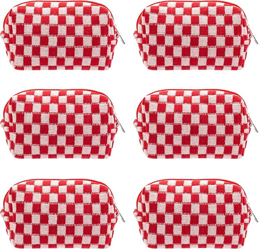 PAZIMIIK Checkered Makeup Bag for Purse Portable Zipper Make Up Pouch Small Cosmetic Case for Travel Accessories (6PCS Red)