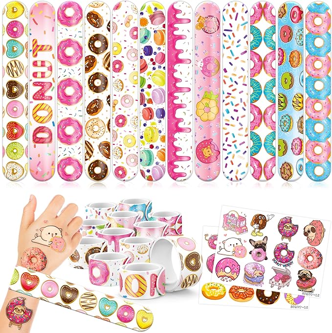 48PCS Donut Party Favors - 24PCS Tattoos & 24PCS Slap Bracelets - Birthday Supplies, Decorations, Gifts, Classroom Prizes, Carnival Rewards, Christmas Treats for Boys & Girls