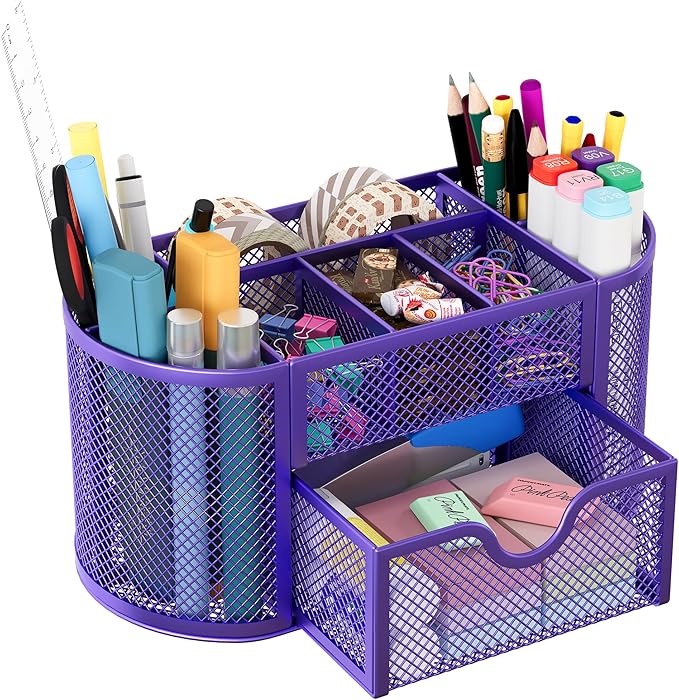 EasyPAG Mesh Pen Holder Desk Organizer with Drawer Stationery Supplies Organizer for Dorm School 9 Compartments Workspace Desk Accessories Organization for Office, Purple