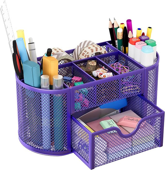 EasyPAG Mesh Pen Holder Desk Organizer with Drawer Stationery Supplies Organizer for Dorm School 9 Compartments Workspace Desk Accessories Organization for Office, Purple